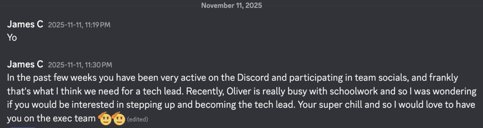 james discord message promoting to tech lead